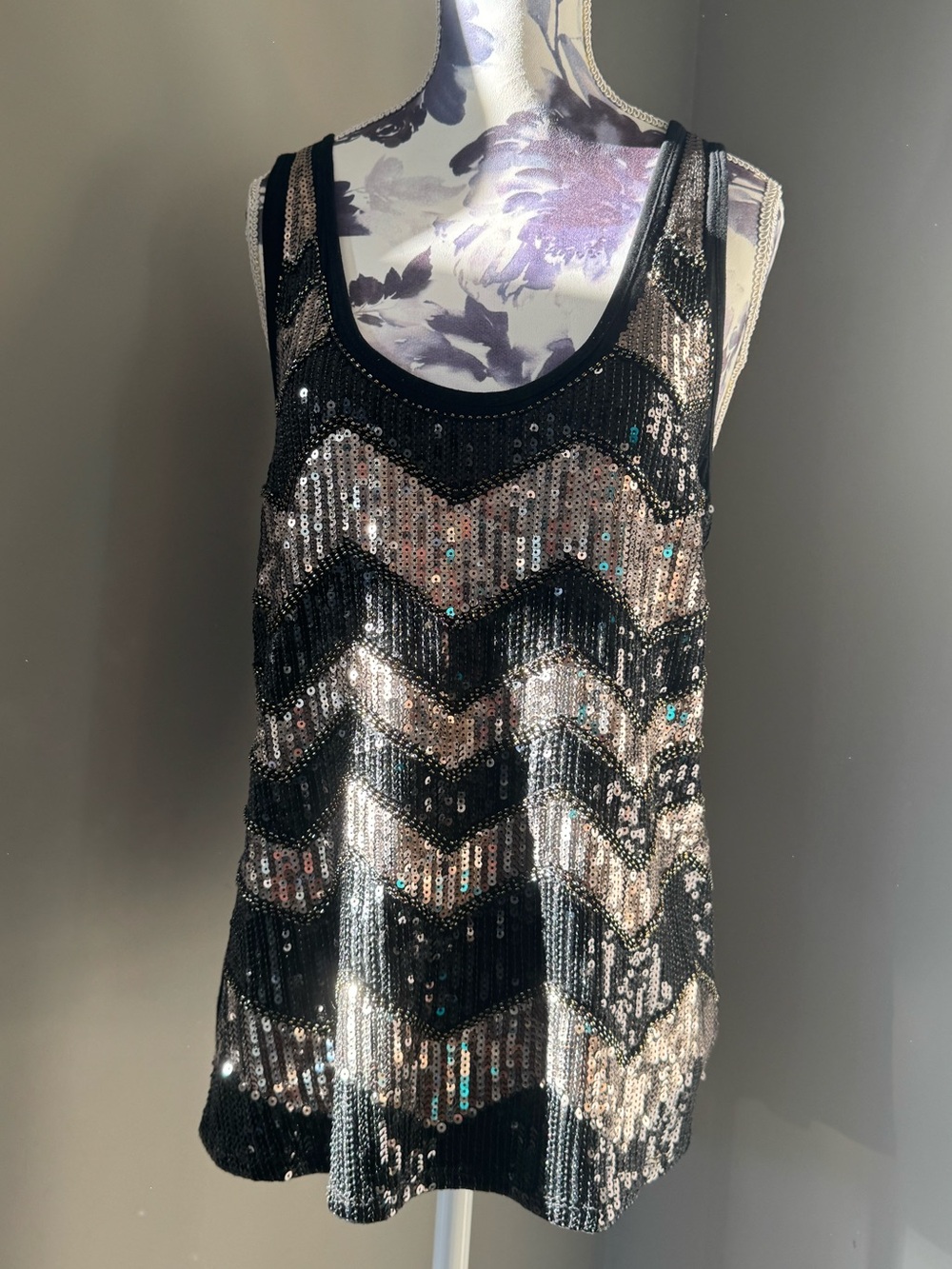 bebe Black and Silver Sequin Chevron Tank Top